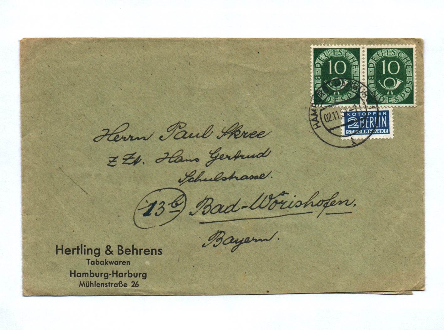 Brief 1961 BRD Hertling Behrens Tabakwaren Hamburg Harburg