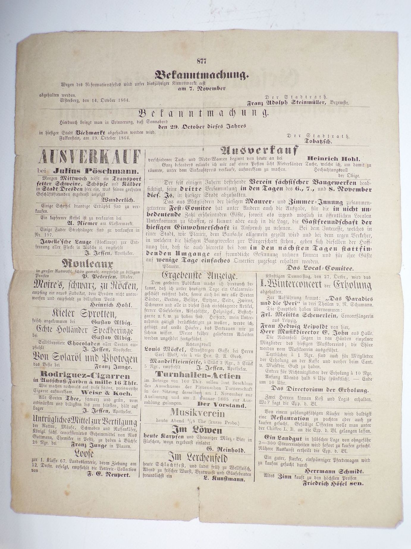 Geschäfts Anzeiger Plauen 1864 Vogtland 