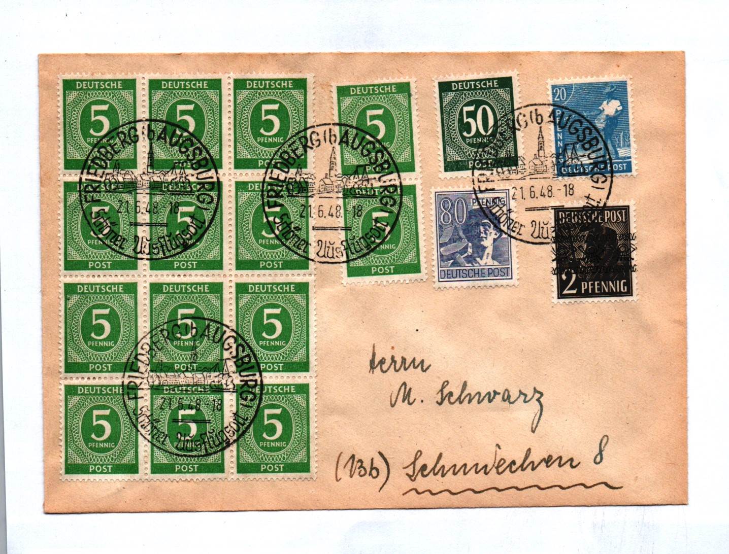 Bayern Friedberg Augsburg Bizone Mischfrankatur Brief 1948