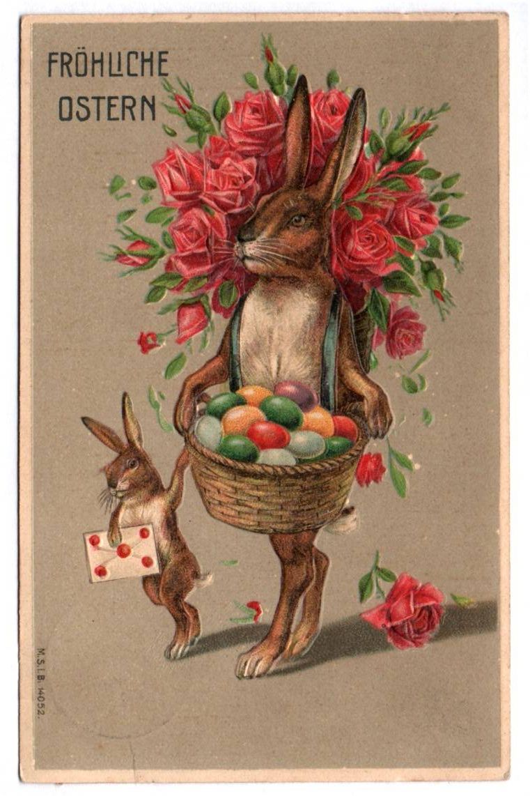 Präge Ak Osterhasen mit Eiern und Rosen Ostern Eastern