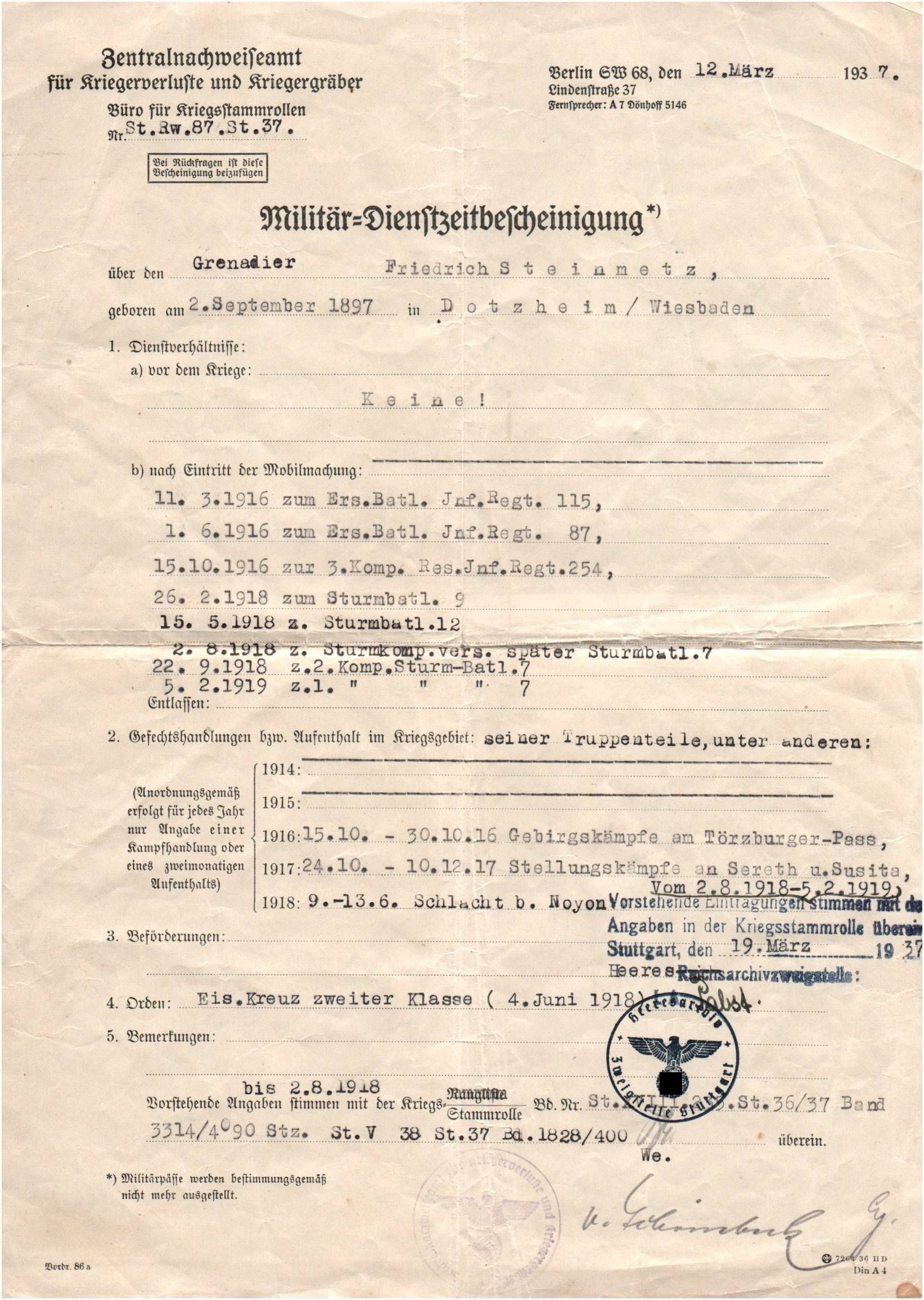 Militär Dienstbescheinigung 1937 EK II Törzburger Pass IR 115 IR87 IR 254 Sturmbataillon 