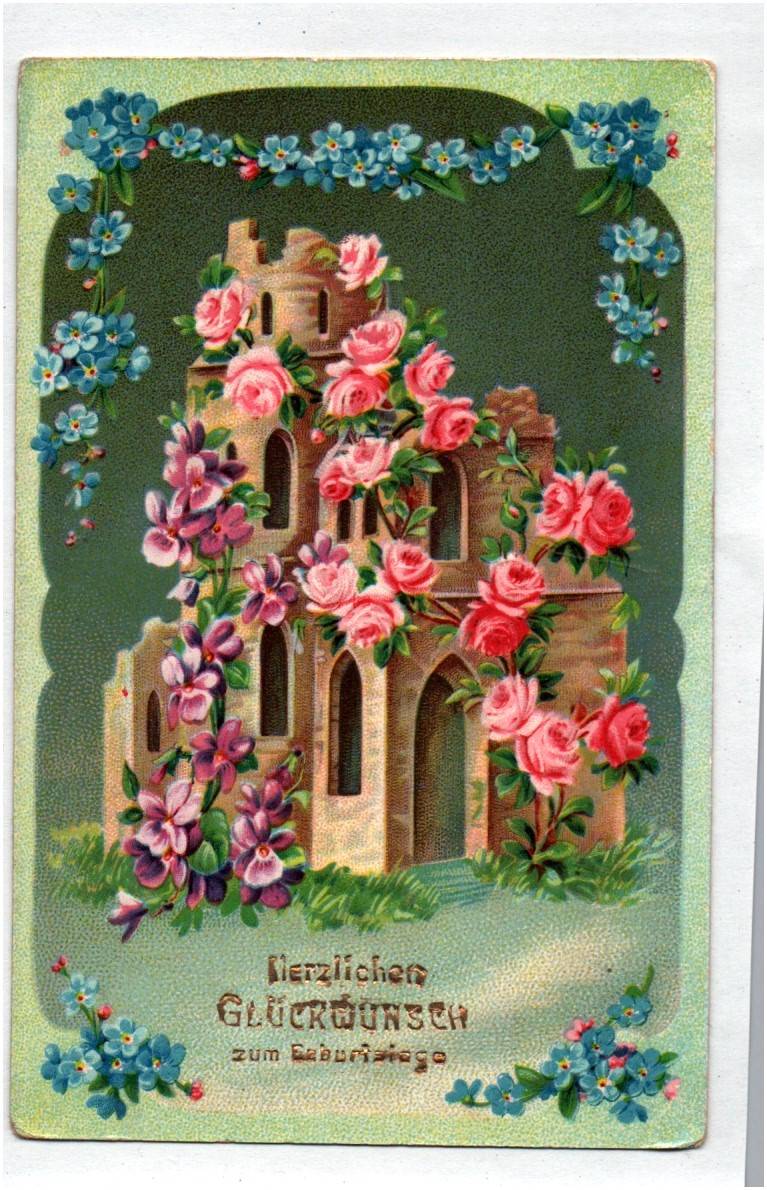 Postkarte Blumen florale Burg 1909 Geburtstag