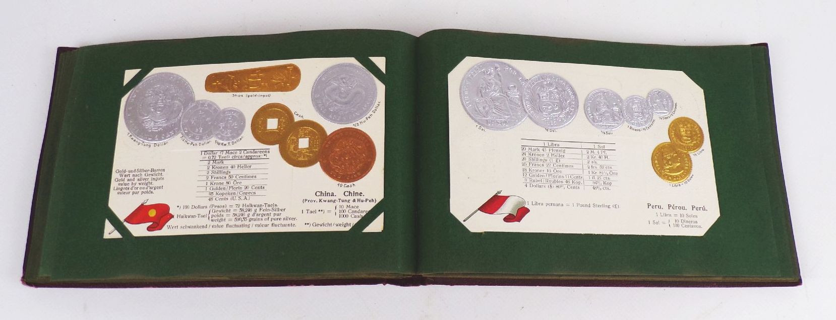 Geldsorten aller Länder Postkartenalbum Geld Münz Ansichtskarten um 1910 Rarität 45 Präge Ansichtskarten