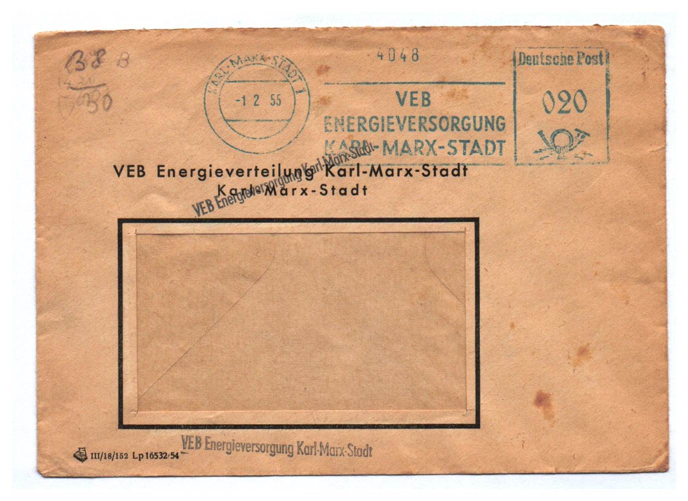 Brief VEB Energieverteilung Karl Marx Stadt 1955 DDR