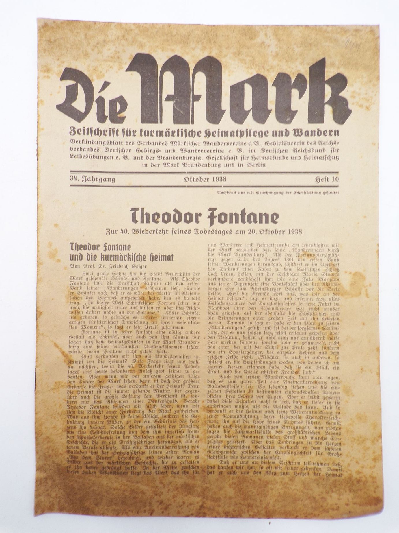 Die Mark Zeitschrift für kurmärkische Heimatpflege und Wandern 1938 Heft 10