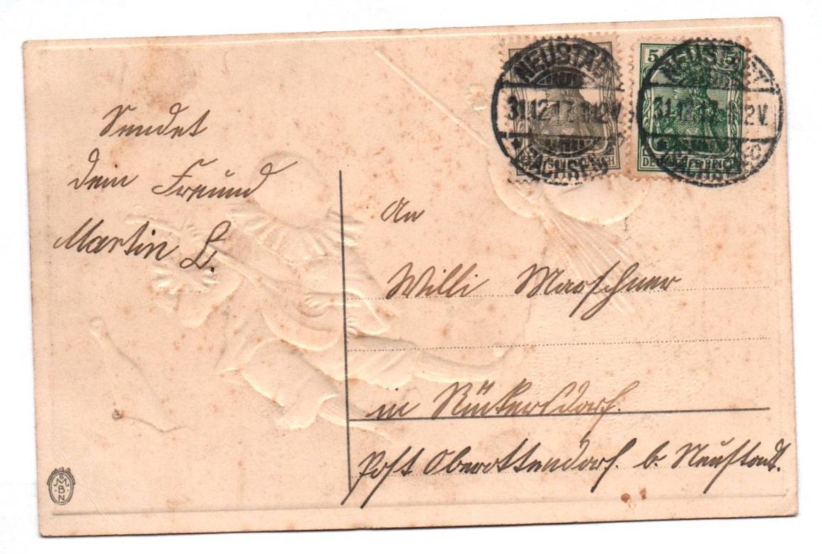 Ak Harlekin und Schneemann machen Musik Neujahr 1912 geprägt