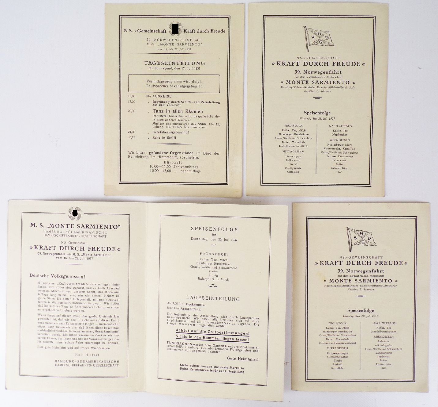 Speisekarten und Programm Kraft durch Freude 1937 Monte Sarmiento KdF Norwegen Speisekarten und Programm Kraft durch Freude 1937 Monte Sarmiento KdF Norwegen