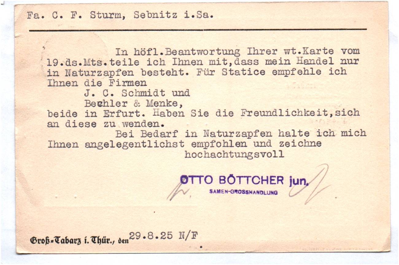 Postkarte Gross Tabarz Bezirk Erfurt 1925 Böttcher Forst Landwirtschaft Samen Handlung
