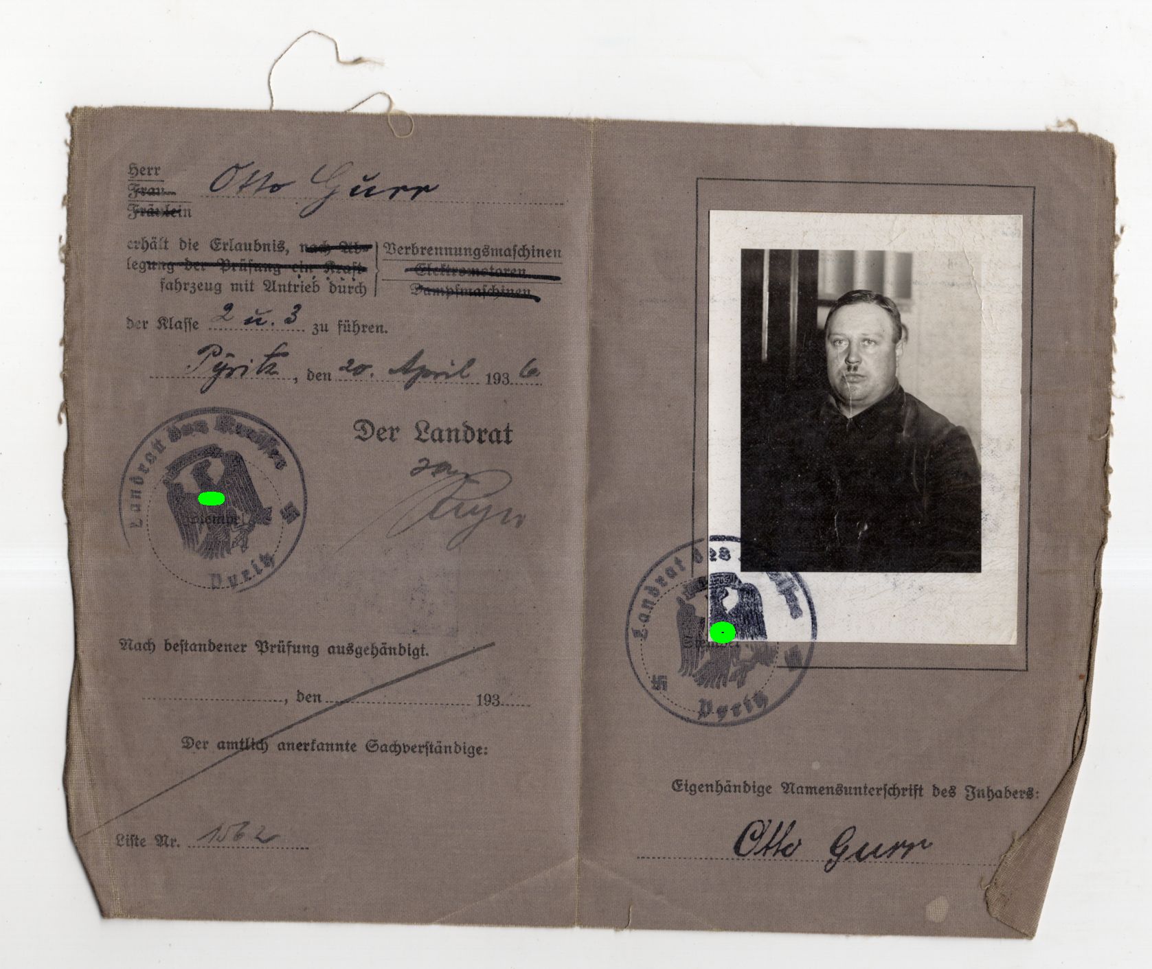 Führerschein 1936 Pyritz Pommern 