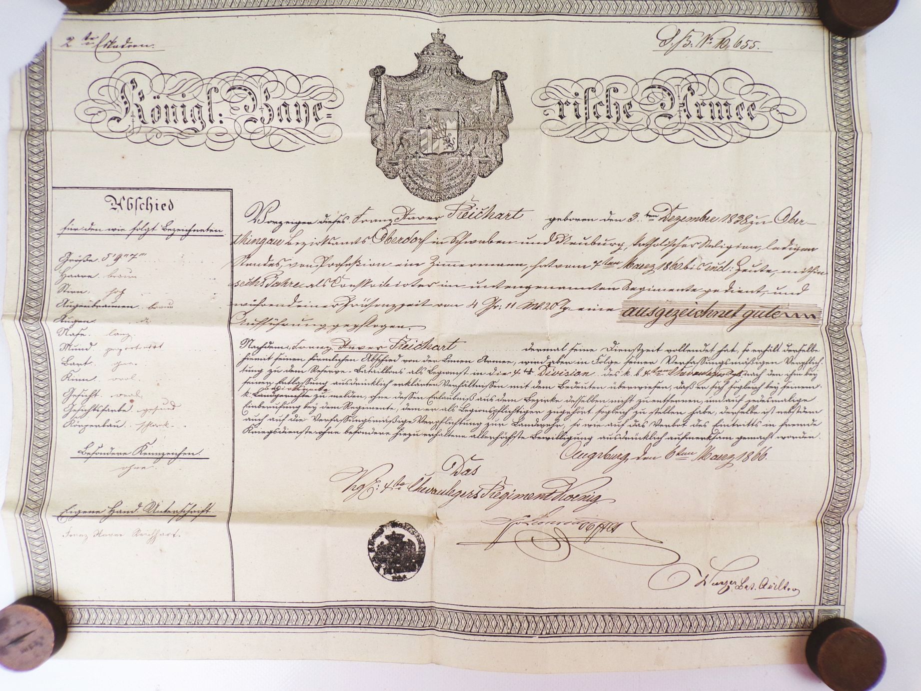 Kgl Bayern Armee Abschied Urkunde 1866 Augsburg Leonrod Autograph