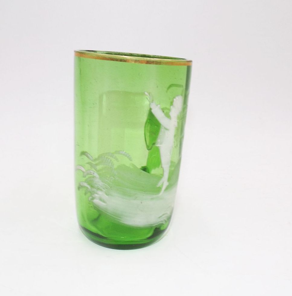 Altes Glas Schneemalerei um 1900 grün weiß Antik Altes Glas Schneemalerei um 1900 grün weiß Antik