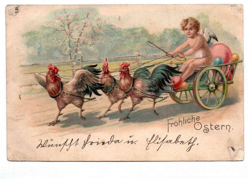 Litho Ak Fröhliche Ostern Engel mit Hahnen Kutsche 1901