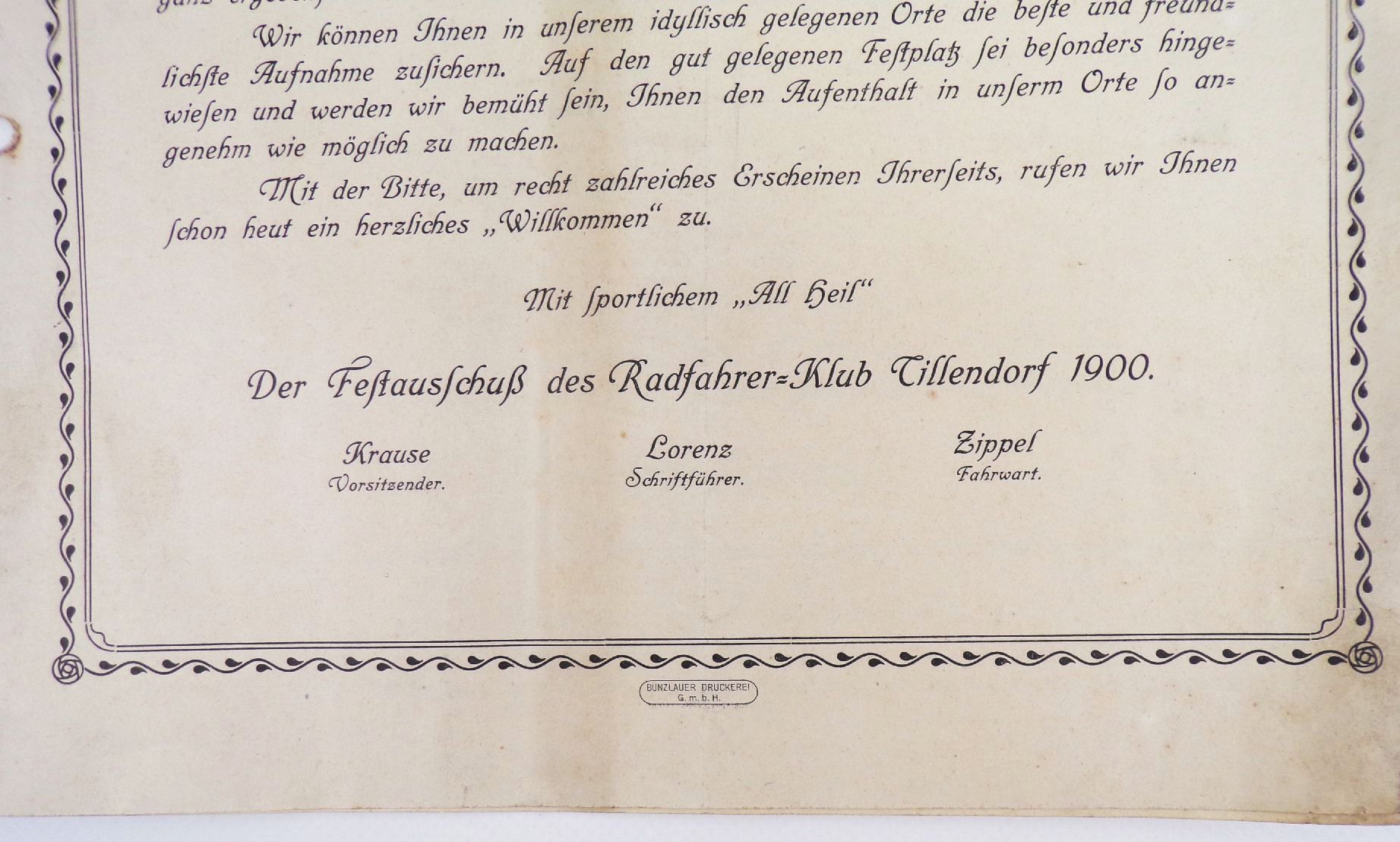 Altes Dokument Radfahrer Klub Tillendorf 1900 Schlesien 1913 Festordnung Altes Dokument Radfahrer Klub Tillendorf 1900 Schlesien 1913 Festordnung