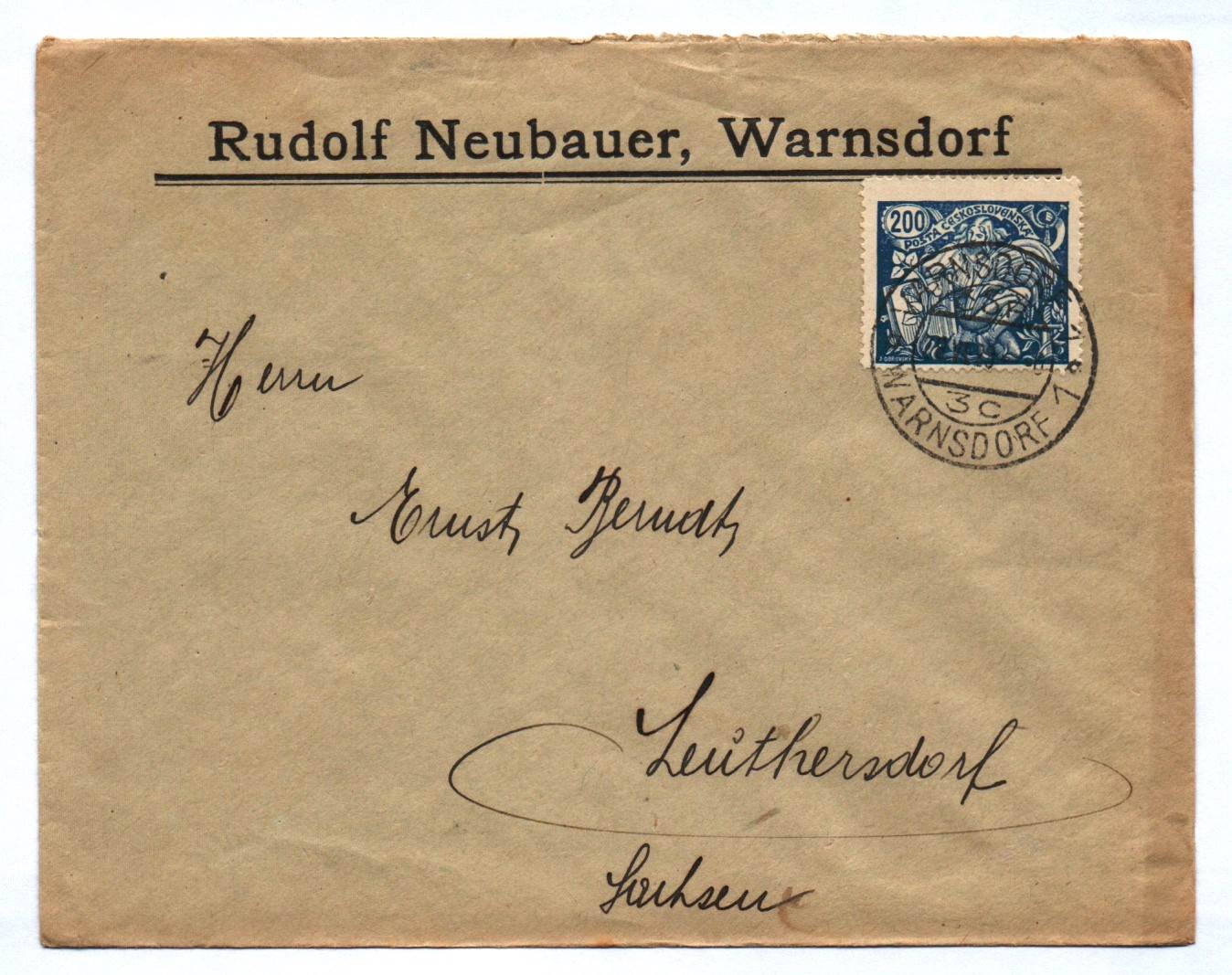 Brief Rudolf Neubauer Warnsdorf Briefkuvert