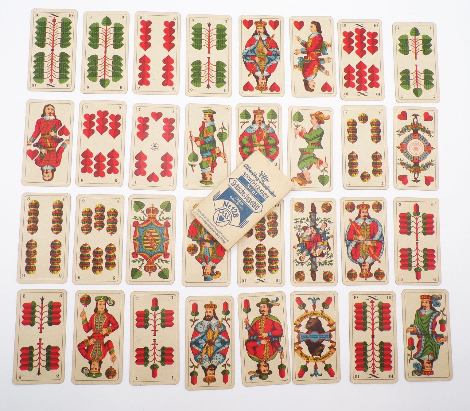 Sächsisches Doppelbild Skat Kartenspiel 32 Blatt Nummer 128 ASS