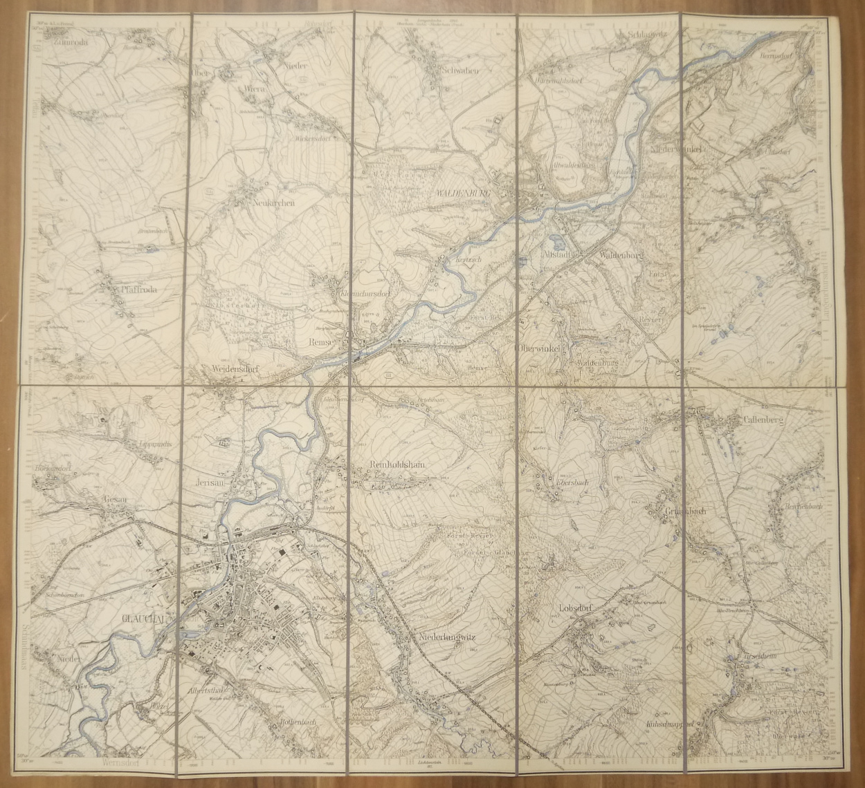Landkarte Leinen Glauchau (Sächs.) Niederwiera (Preuß.) 1:25000 um 1890 Leinenlandkarte
