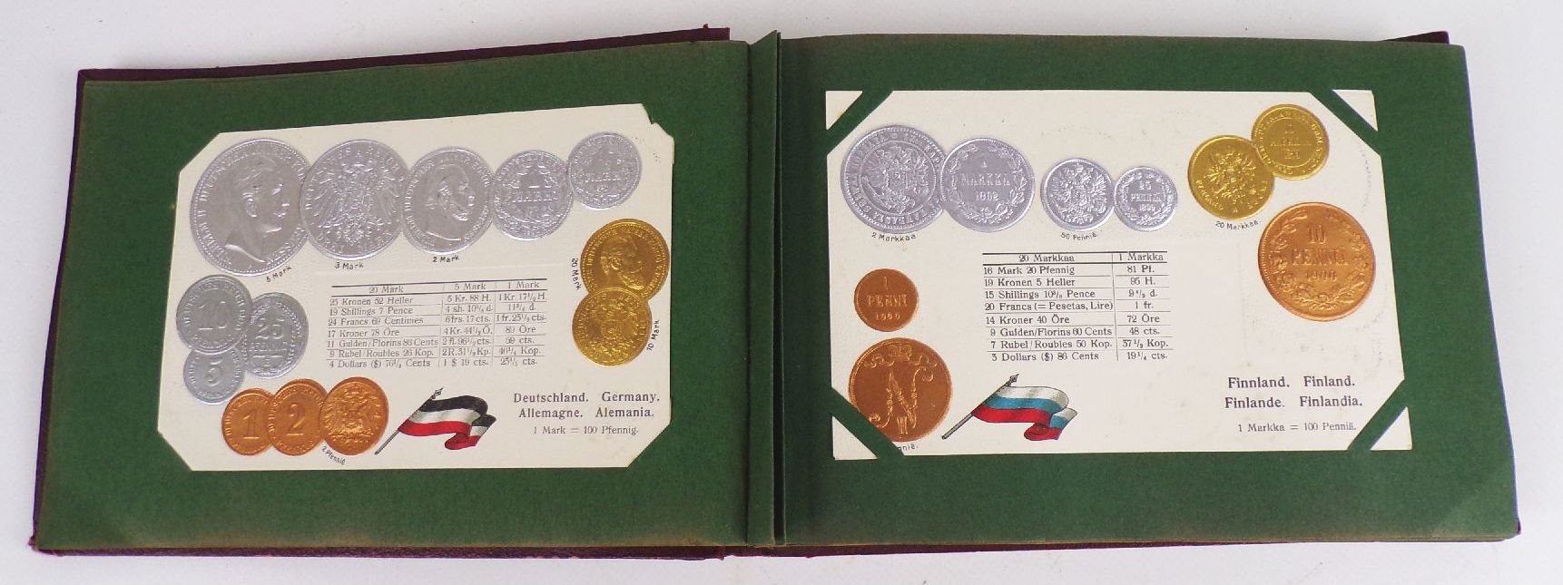 Geldsorten aller Länder Postkartenalbum Geld Münz Ansichtskarten um 1910 Rarität 45 Präge Ansichtskarten