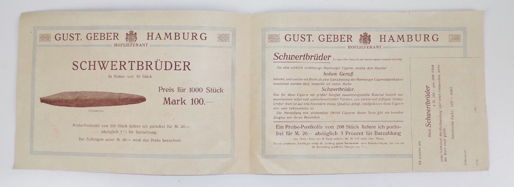 Werbe Prospekt Gustav Geber Hamburg Zigarren Hoflieferant um 1900