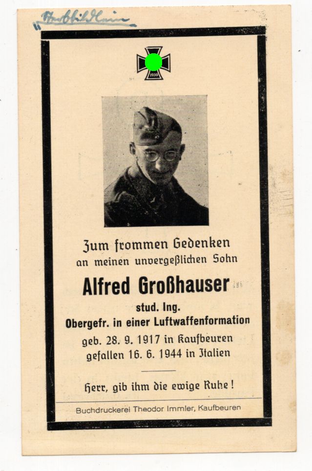 Sterbebild Obergefreiter in Luftwaffen Formation 1944 Italien 2 Weltkrieg 