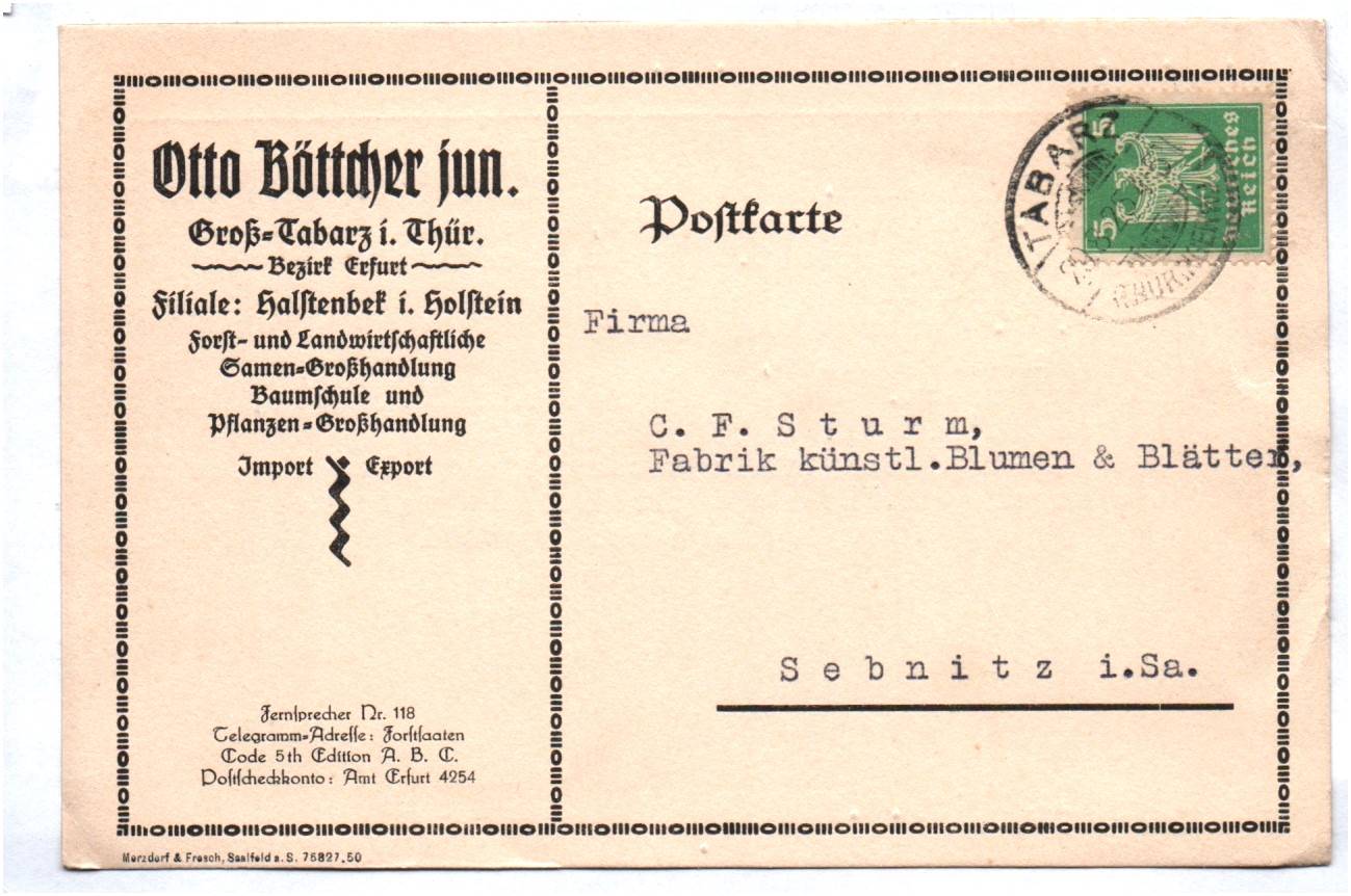 Postkarte Gross Tabarz Bezirk Erfurt 1925 Böttcher Forst Landwirtschaft Samen Handlung
