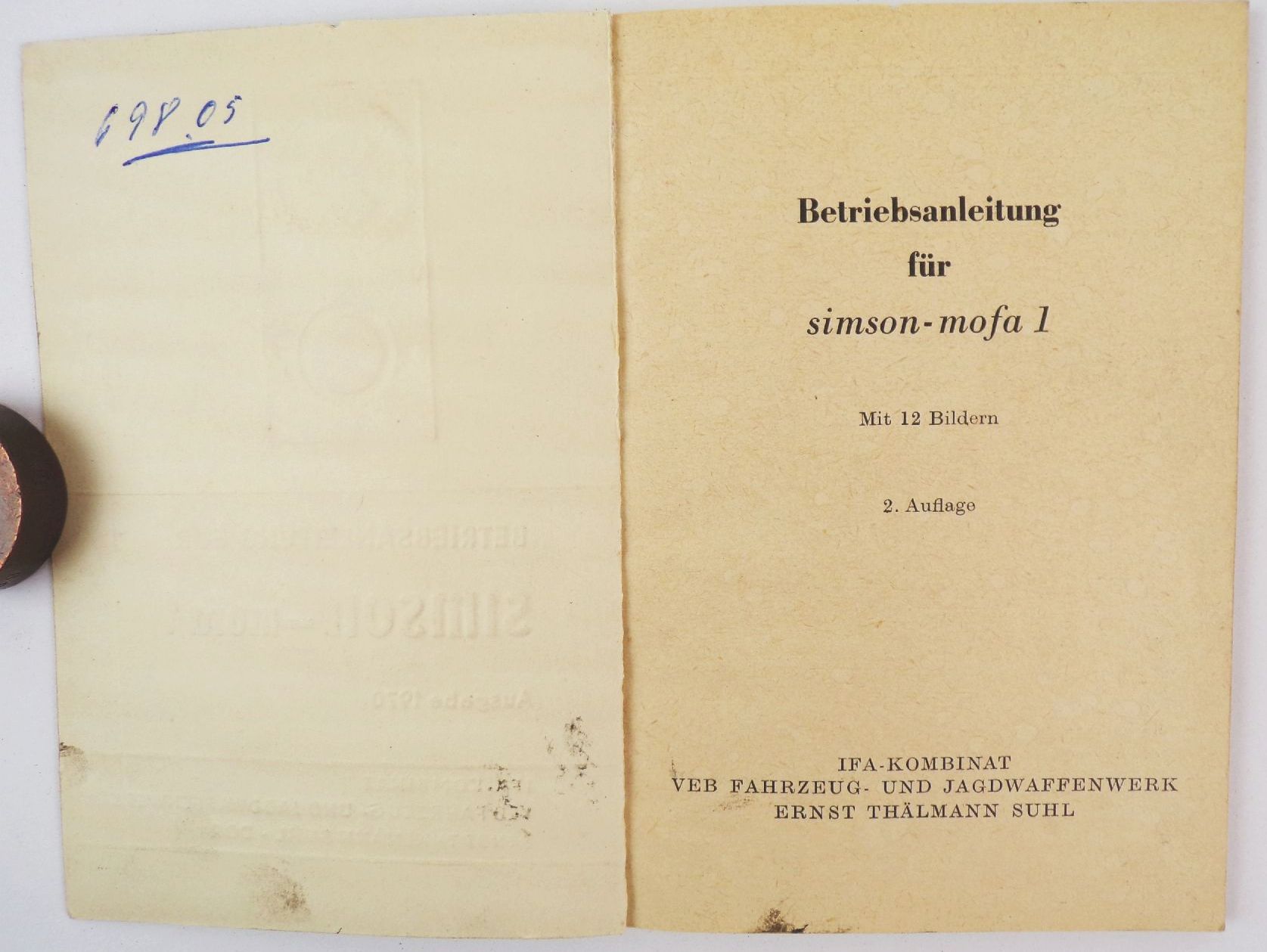 Betriebsanleitung Simson Mofa 1 Ausgabe 1970 Original 