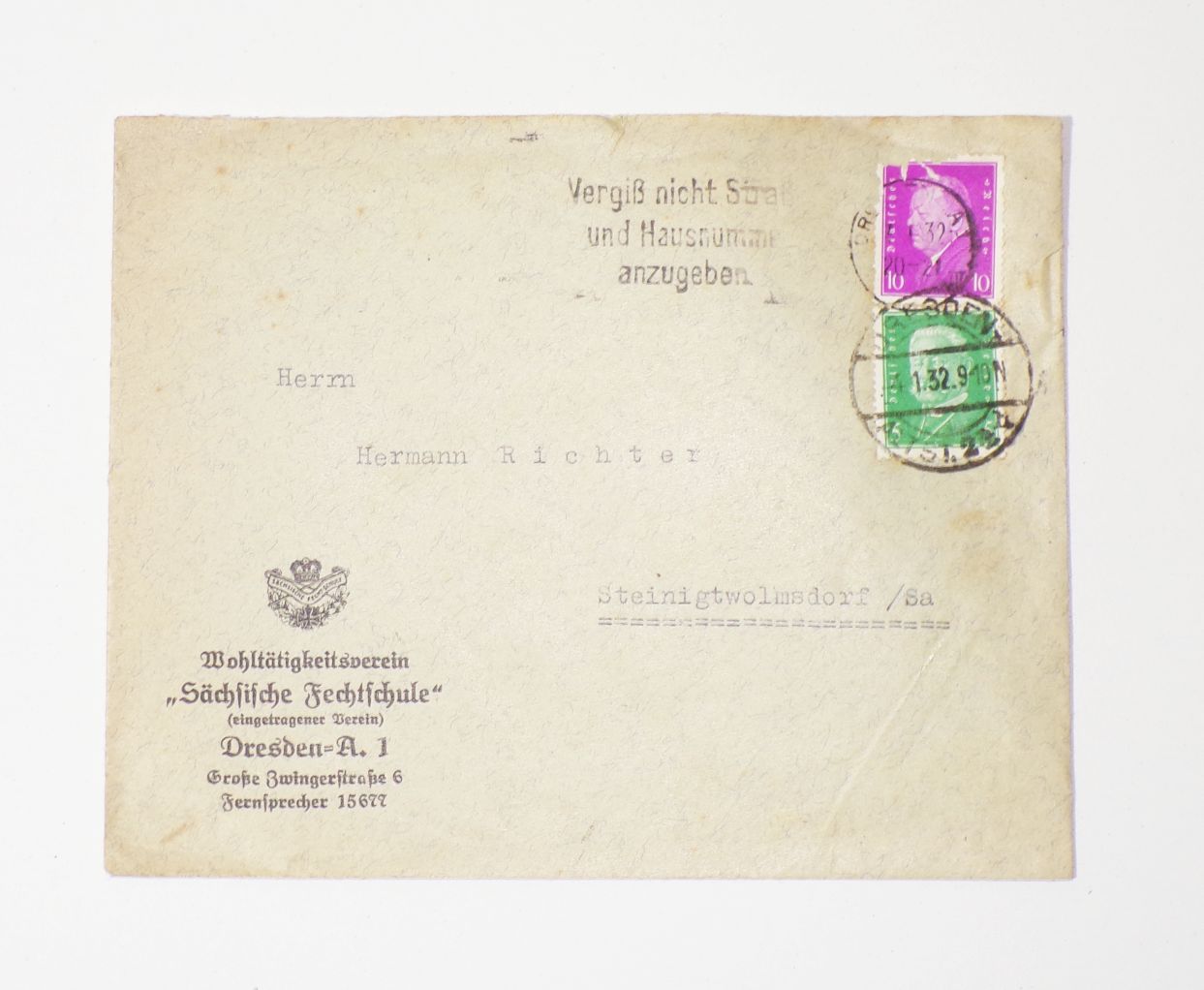 Werbe Brief Sächsische Fechtschule Dresden A1 1932 