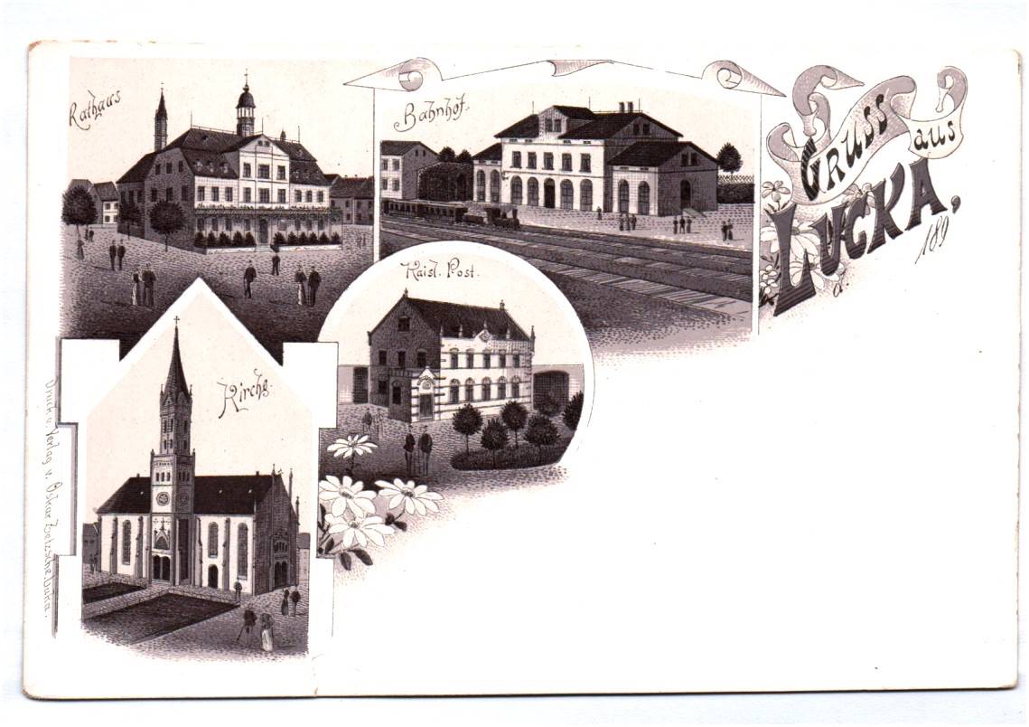 Litho Ak Gruss aus Lucka Rathaus Bahnhof Kirche Kaiserliche Post