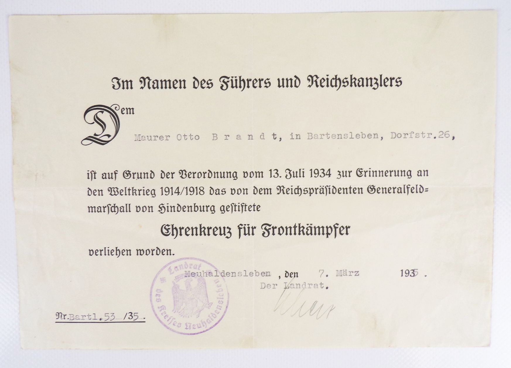 Urkunde Ehrenkreuz für Frontkämpfer 1935 Neuhaldensleben