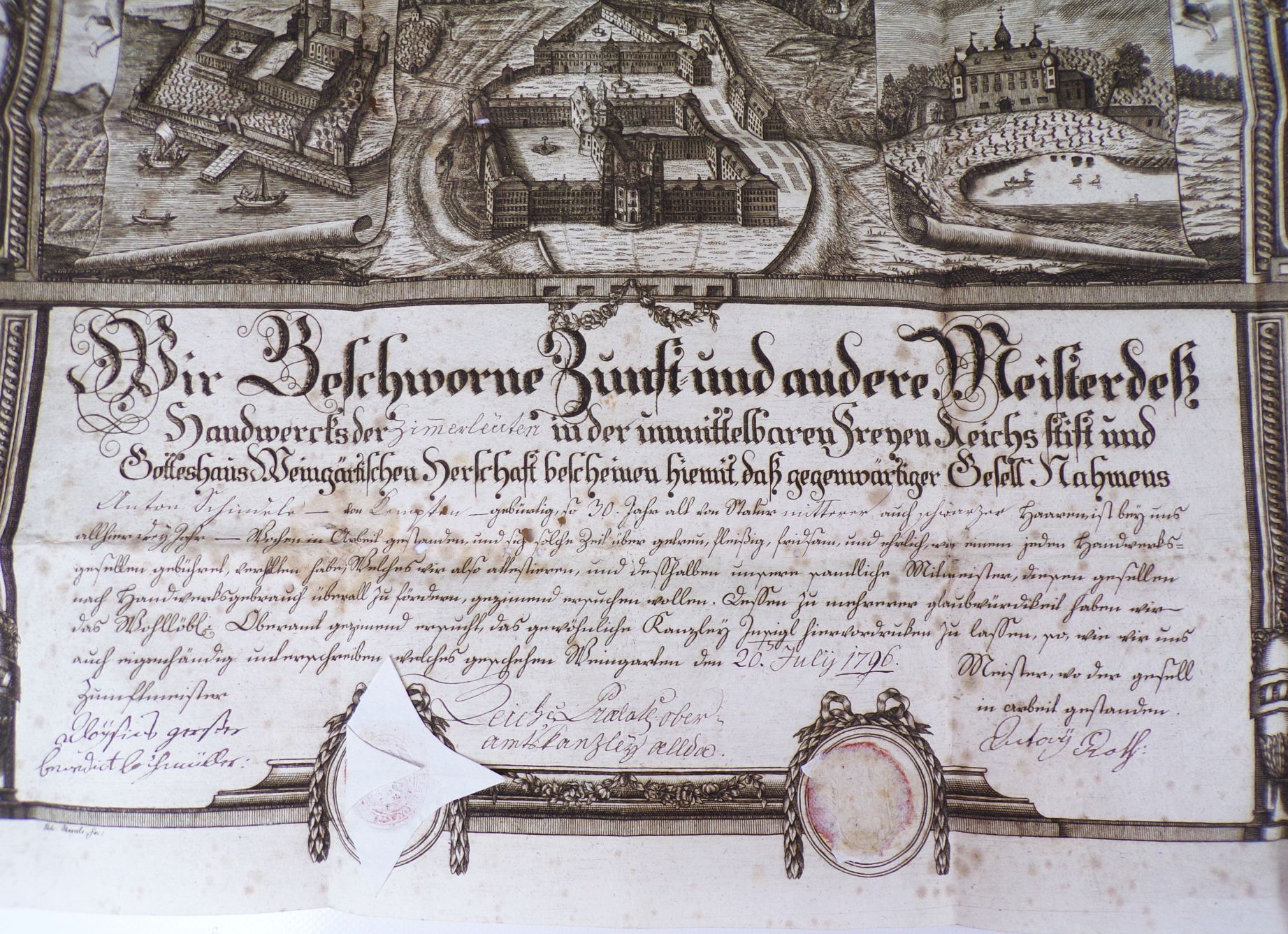 Uralter Gesellenbrief Zimmermann 1796 Weingarten Kupferstich Rarität