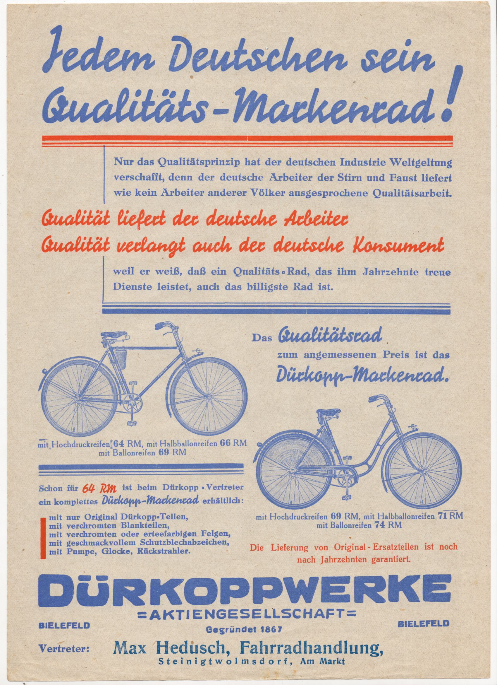 Reklame Blatt Dürkopp Werke Fahrrad Hedusch Steinigwolmsdorf 1930er Druck