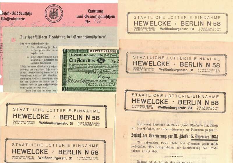 Konvolut Preußisch-Süddeutsche Lotterielose Hewelcke Berlin N58 Dokumente 1935