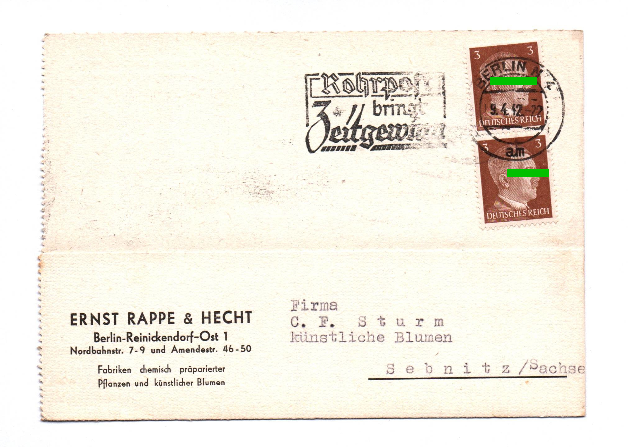 Postkarte Fabriken künstliche Blumen Berlin Reinickendorf 1942 Postkarte Fabriken künstliche Blumen Berlin Reinickendorf 1942