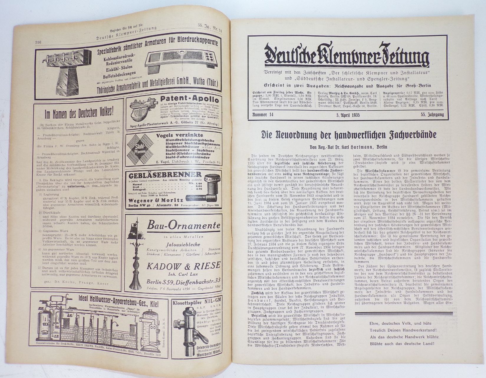 Deutsche Klempner Zeitung Installateur Anzeigen Reklame um 1938