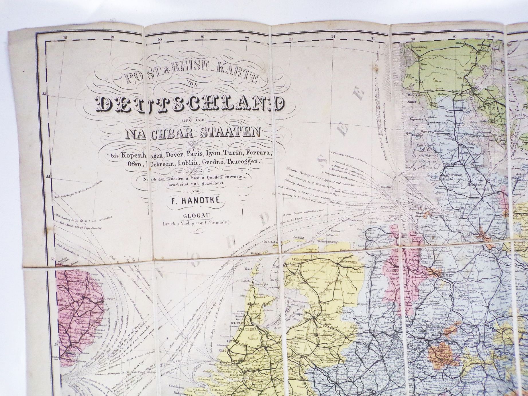 Post und Reise Karte von Deutschland und den Nachbarstaaten 1870 er Handtke Post und Reise Karte von Deutschland und den Nachbarstaaten 1870 er Handtke