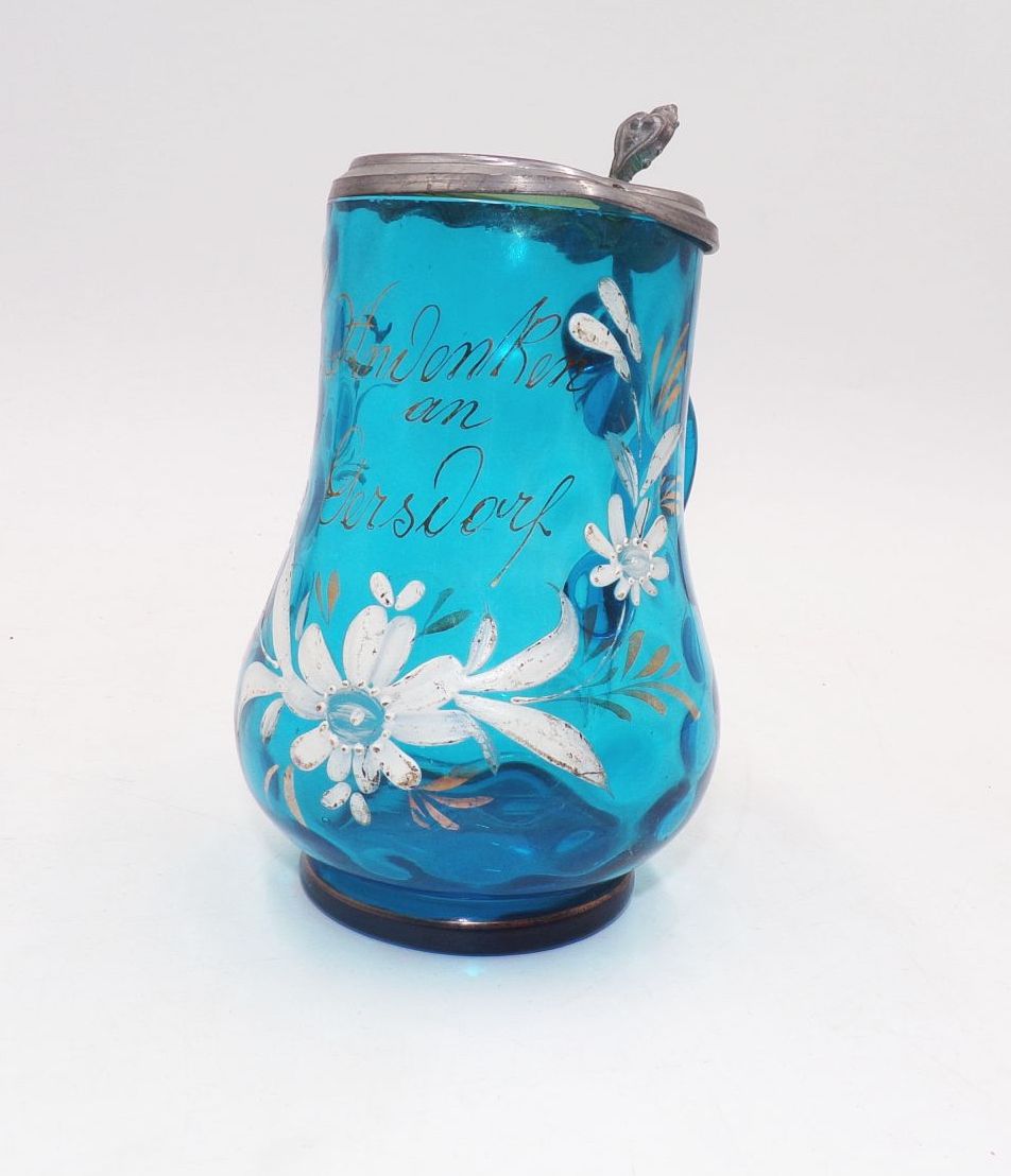 Altes Glas Andenken an Gersdorf Schneemalerei Blau Antik Andenkenglas
