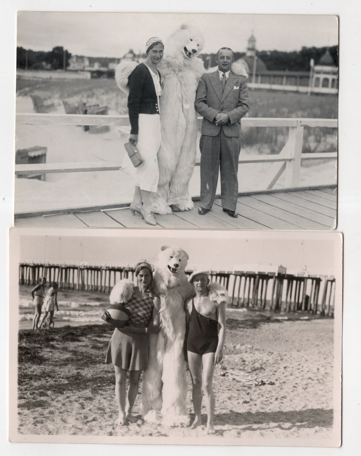 2 x Foto Ak Eisbär am Strand 1930 er 