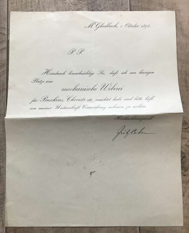 Brief Gladbach 1 Oktober 1896 Mechanische Weberei