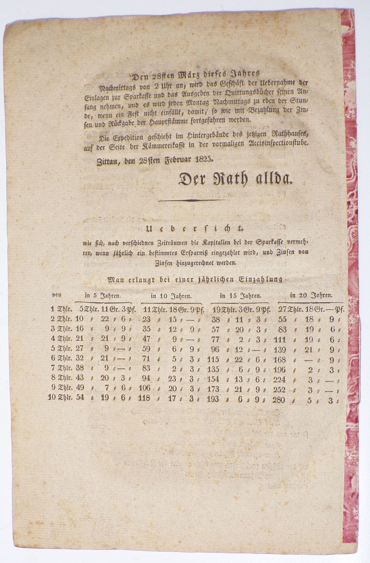 Bekanntmachung Errichtung einer Sparkasse Zittau 1825 