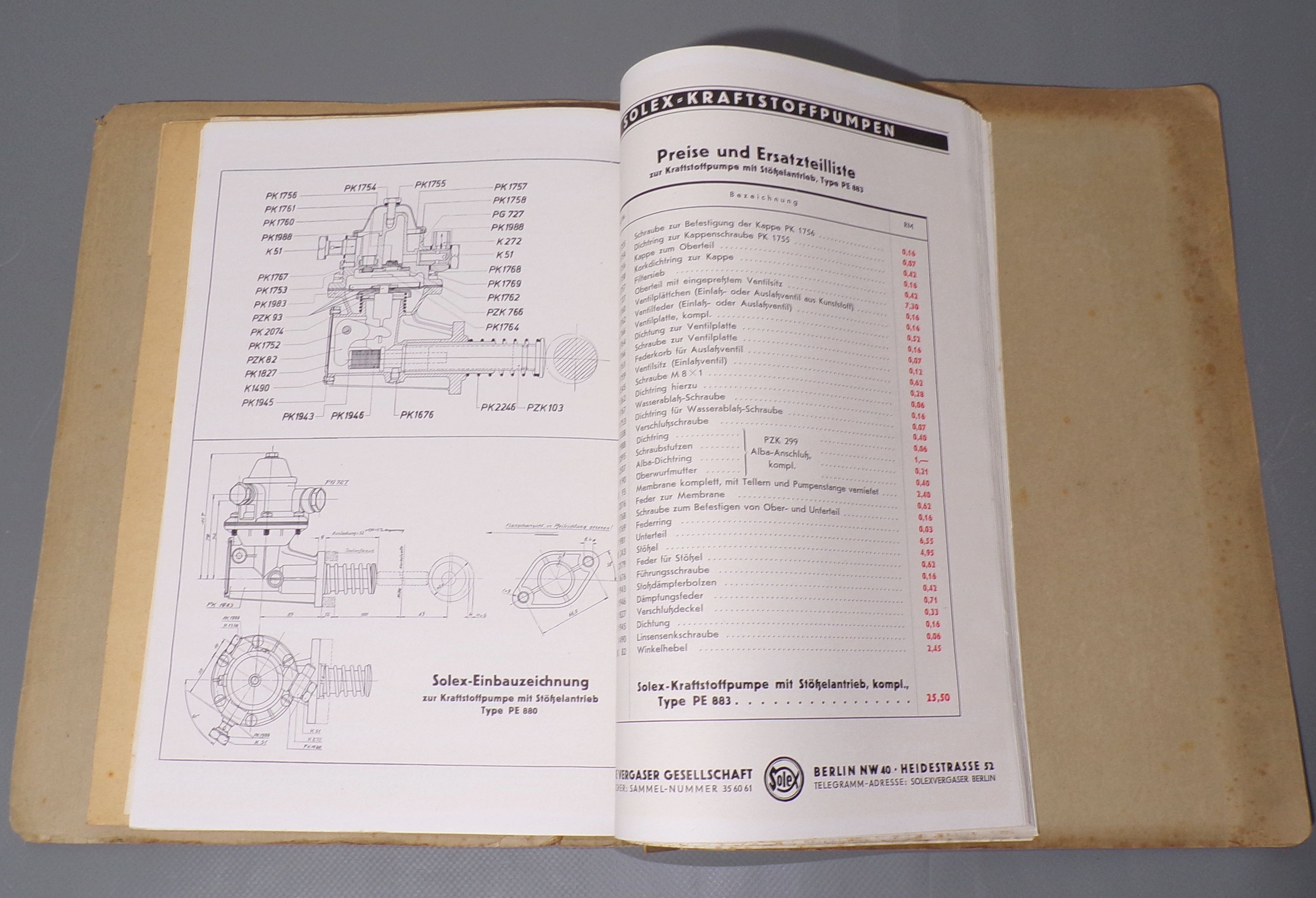 Solex Kraftstoffpumpen Ersatzteilliste 1940 umfangreiche Mappe 