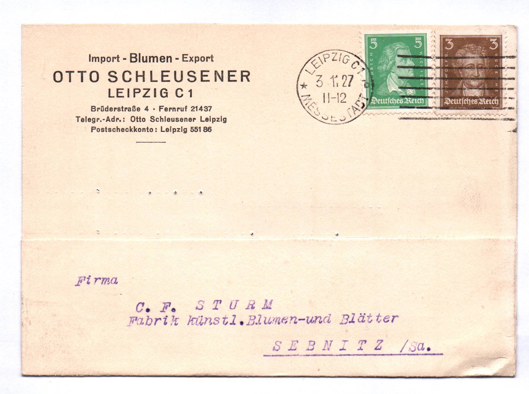 Postkarte Import Blumen Export Otto Schleusner Leipzig 1927 Postkarte Import Blumen Export Otto Schleusner Leipzig 1927
