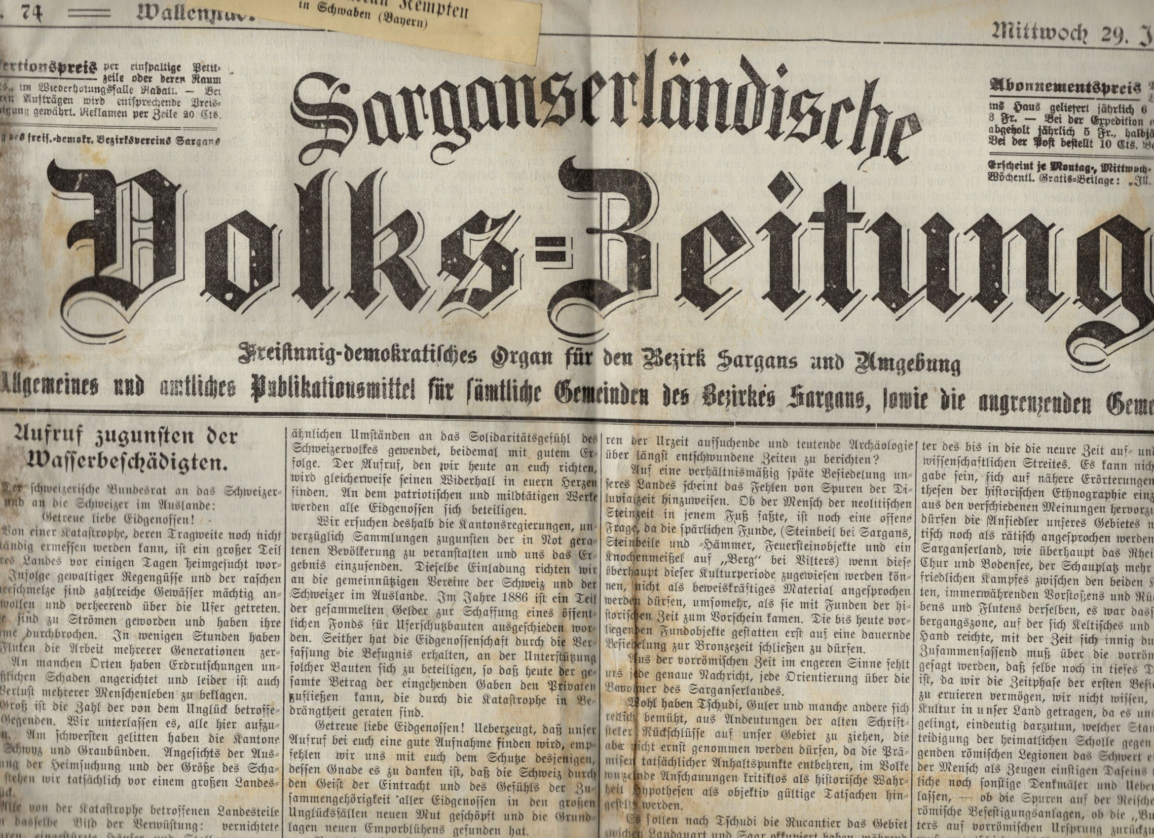 Sarganserländische Volkszeitung 1910 Sargan Schweiz Wallenstadt