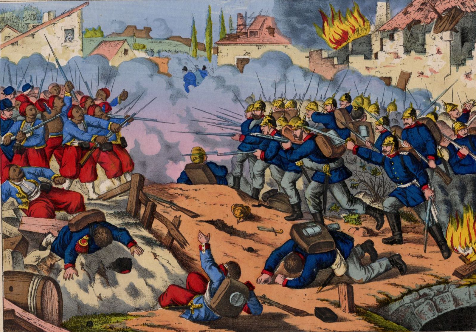 Alte Lithografie Das Gefecht bei Villejuif um 1870 handkoloriert