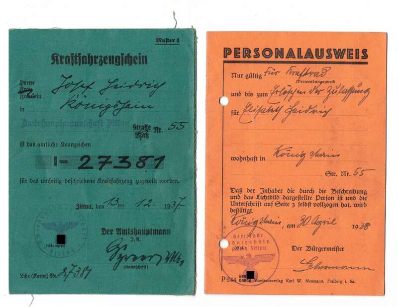 Ausweise 1937 1938 Personalausweis Führerschein Kraftfahrzeugschein 