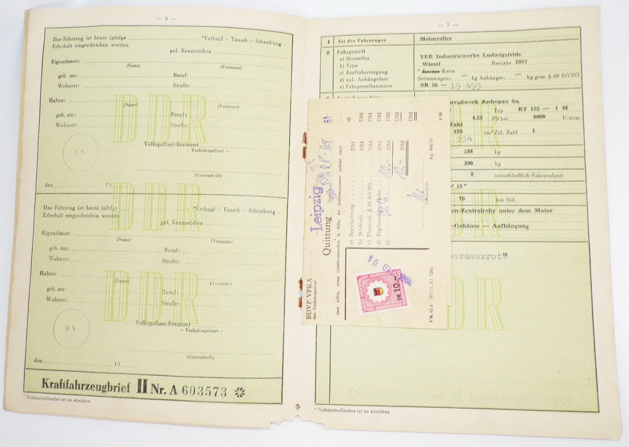 DDR Kfz Brief Wiesel IWL SR56 Motorroller BJ 1957 
