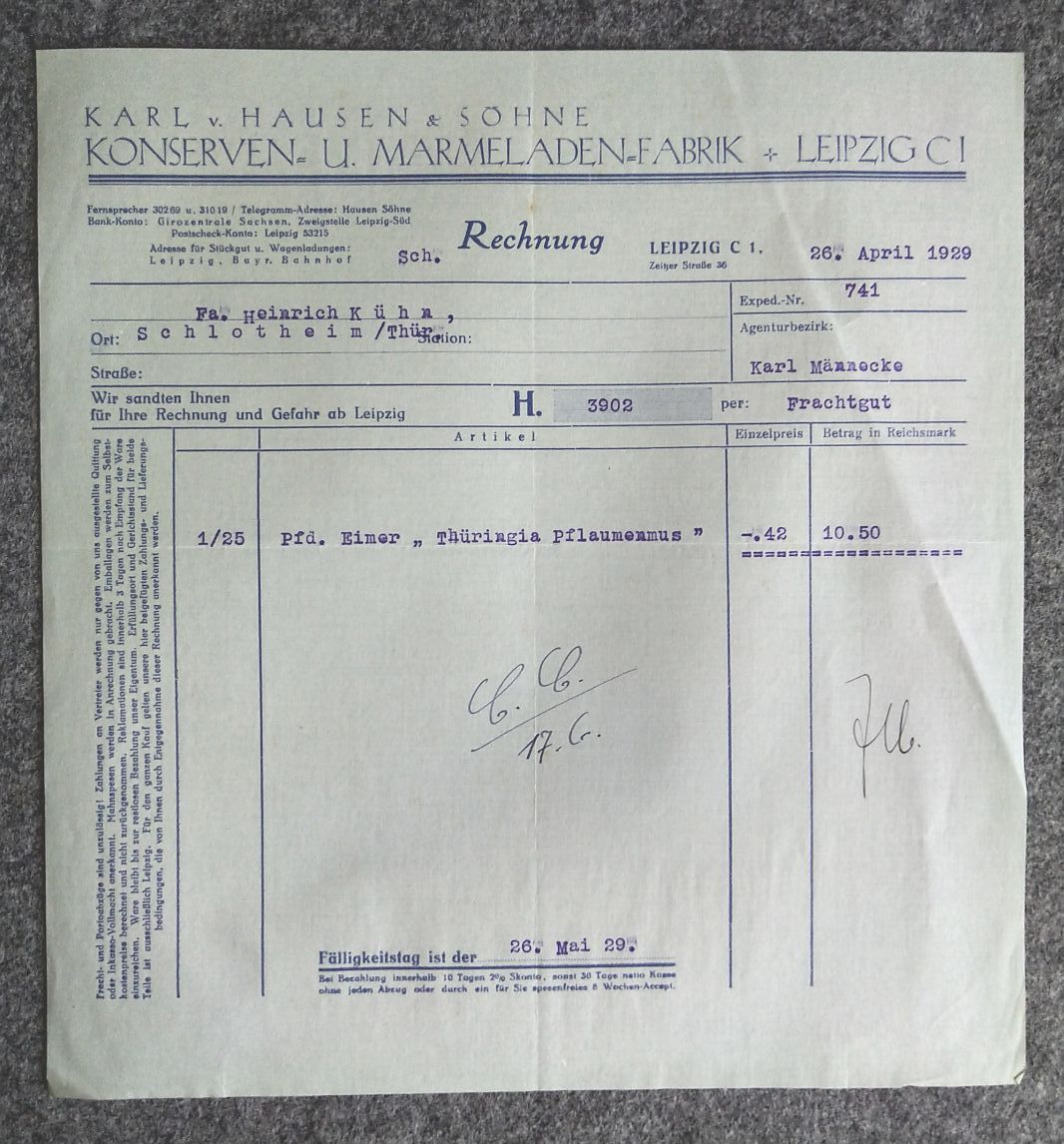 Rechnung Karl v Hausen und Söhne Konserven Marmeladen Fabrik Leipzig 1929 Rechnung Karl v Hausen und Söhne Konserven Marmeladen Fabrik Leipzig 1929