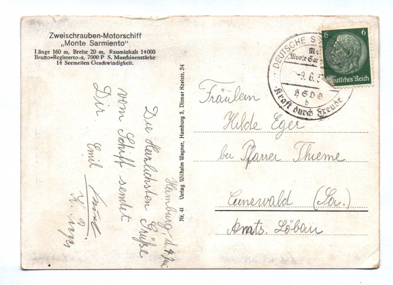 Ak Hamburg Monte Sarmiento Zweischrauben Motorschiff DR Ak Hamburg Monte Sarmiento Zweischrauben Motorschiff DR