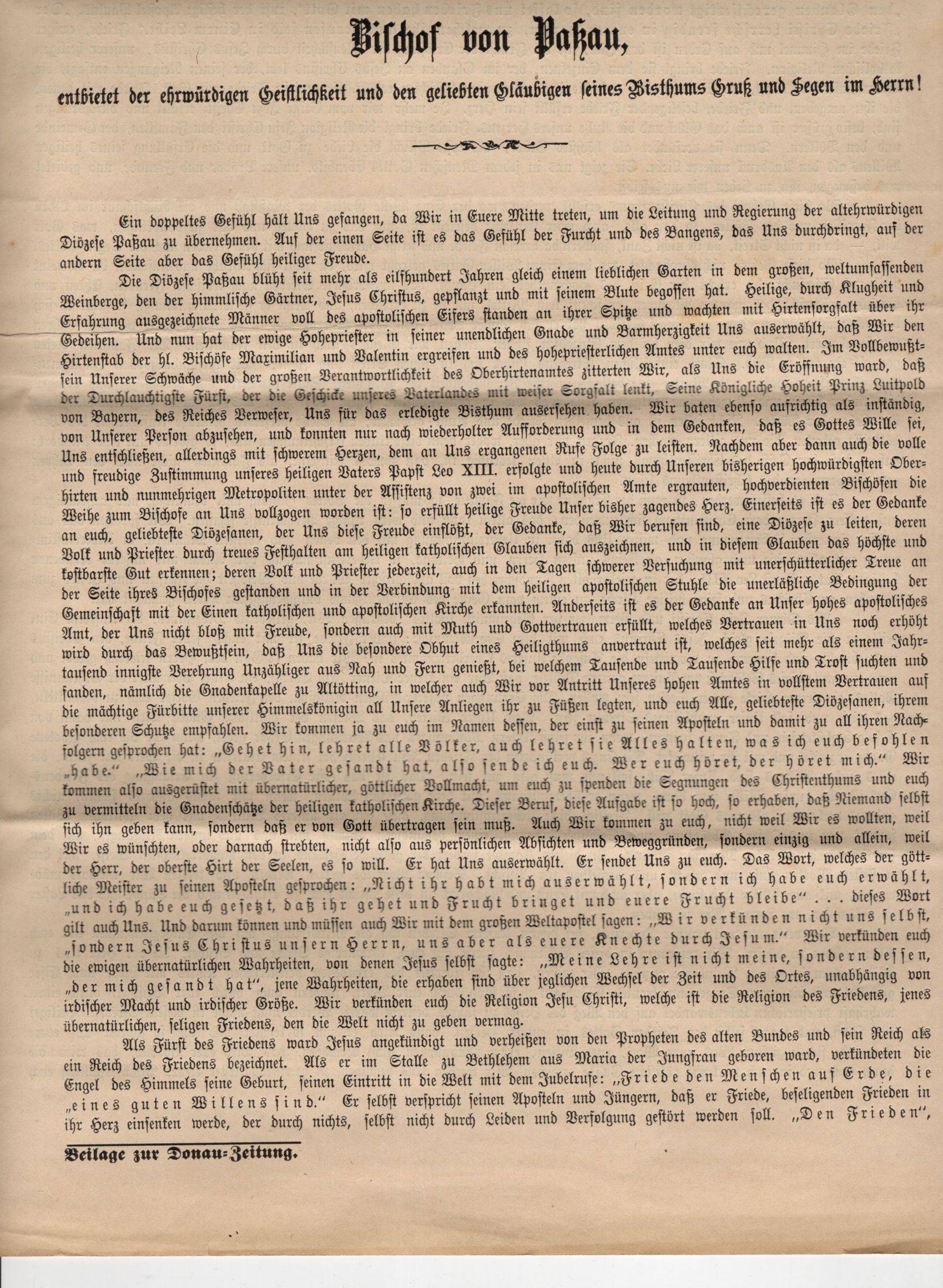 Dokumente Antonius Bischof von Passau 1889 Gruß und Segen
