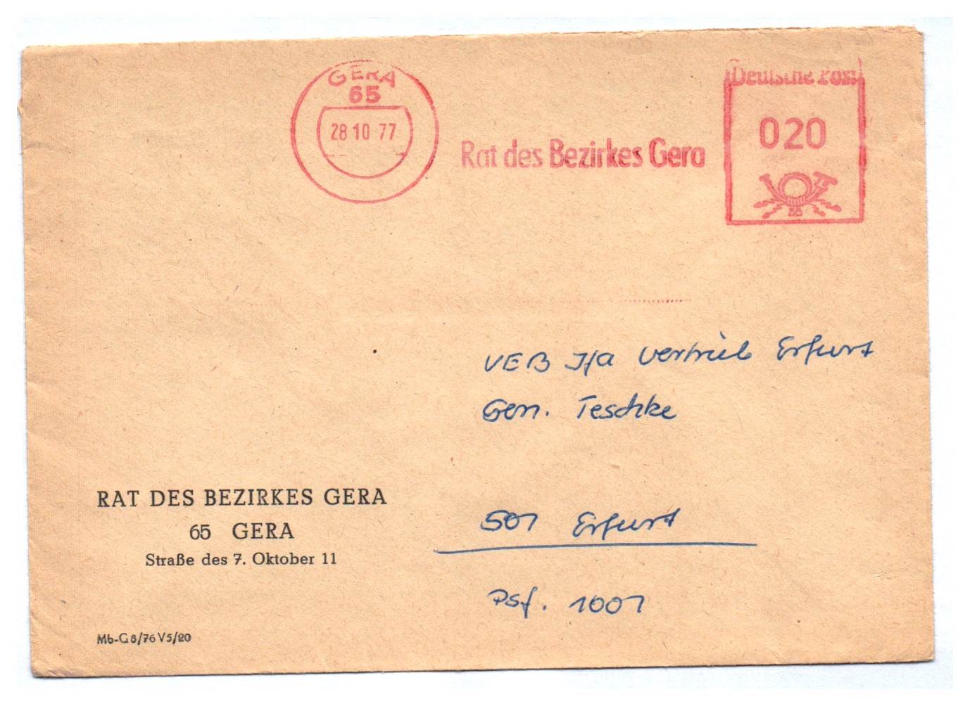 Brief Rat des Bezirkes Gera 1977 DDR 16107