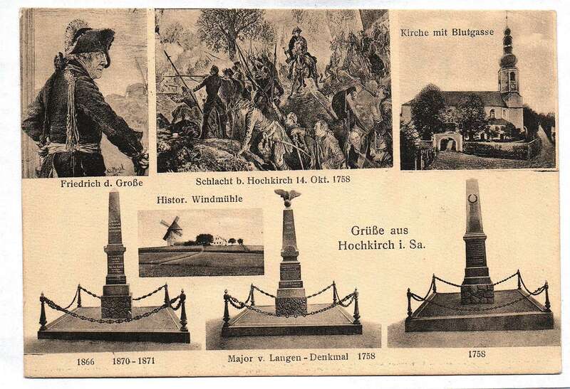 Ak Grüße aus Hochkirch Friedrich der Große Kirche mit Blutgasse Major v. Langen Denkmal 1920