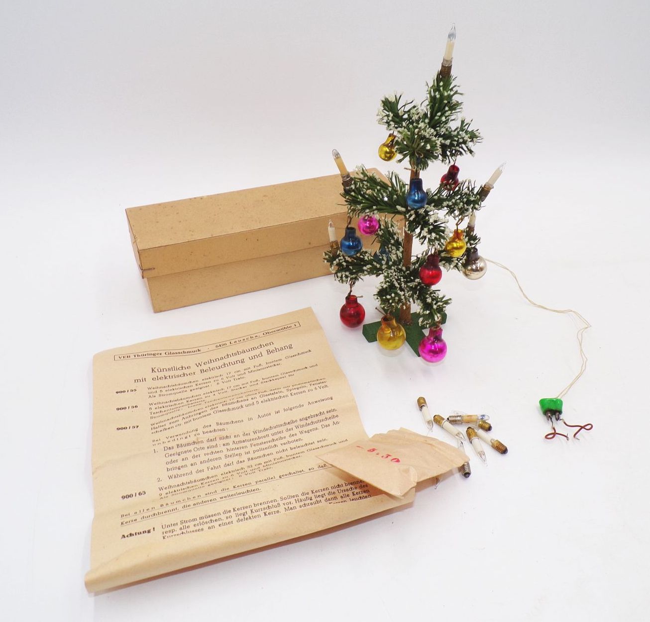 Alter Tisch Weihnachtsbaum VEB Thüringer Glasschmuck DDR OVP Kerzen Puppenstube